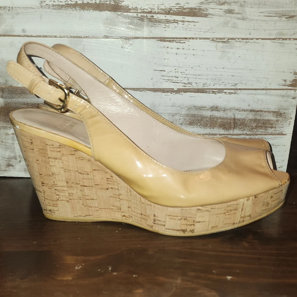 Stuart Weitzman Beige Patent Leather Jean Wedge Sandals - Picture 1 of 6